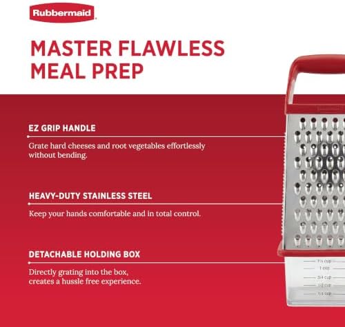 Rubbermaid EZ Grip Box Grater, Stainless Steel Cheese Grater & Container - BPA Free Multi-Surface Cheese Shredder & Food Grater for all Vegetables | Graters for Kitchen -Non-Slip Base, Dishwasher Safe