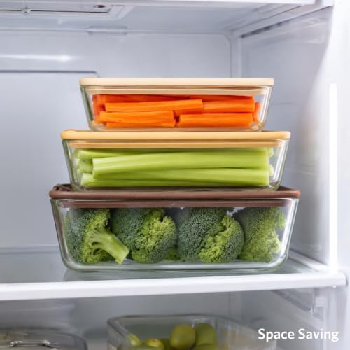 Glad Glass Food Storage Containers, Set of 3 - Airtight Vacuum Sealed Steam Vent Lids - Rectangular Borosilicate Glass Dishes with Ombre Green Lids - Assorted Sizes for Meal Prep & Leftovers, Brown