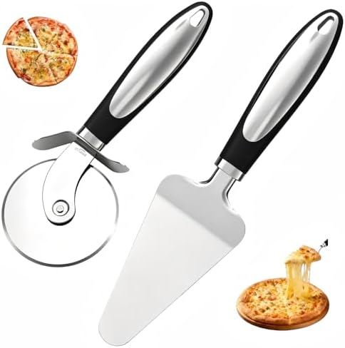 2-Piece Pizza Cutter Set. Stainless steel pizza wheel with non-slip handle. 8-inch multi-purpose design suitable for pizza, cake, pastries and more. Dishwasher-safe and easy to clean