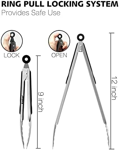 Anaeat Premium Stainless Steel Kitchen Tong Set of 2 - Sturdy Coiled Spring 9" and 12" Locking Food Tong with Non-Slip Silicone Grip for Cooking, Baking, Grilling, BBQ - Heat Resistant up to 480°F