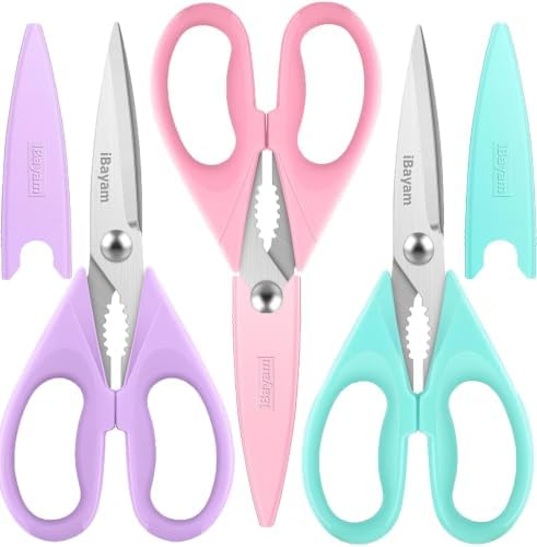 iBayam 8.7" Cute Kitchen Scissors All Purpose, Pastel Pink Purple Teal