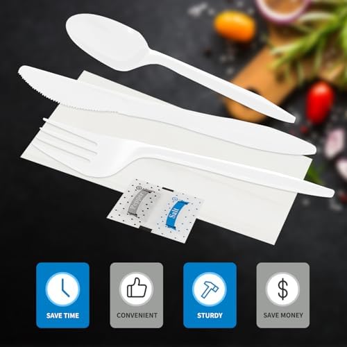 50 Pack Knife Fork Spoon Napkin Salt Pepper Sets, Individually Wrapped White Plastic Cutlery Packets for Delivery, Cafeterias, Restaurants