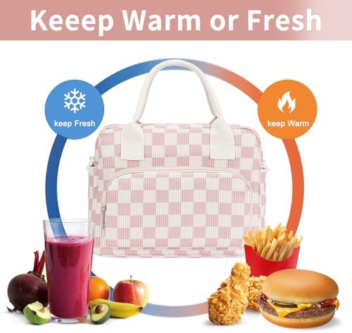 Lunch Bag Women Lunch Box for Women Adult Cute Insulated Lunch Bag Lager Cooler Lunch Tote Bags for Work Picnic (Beige-Pink Plaid)