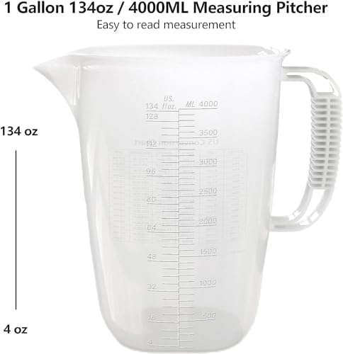 1 Gallon Measuring Pitcher-Convenient Conversion Chart,134oz Extra Large Plastic Measuring Cup-Strong Food Grade Material,Graduated Mixing Pitcher Great for Lawn,Pool Chemicals, Motor Oil and Fluids