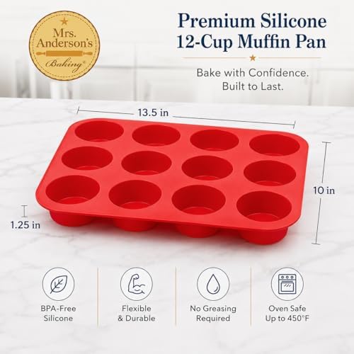 Mrs. Anderson's Baking Silicone 12-Cup Muffin Pan Baking Mold, BPA Free, Non-Stick European-Grade Silicone, 13.5 x 10 x 1.25-Inches