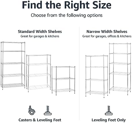 Amazon Basics 5-Shelf Adjustable Storage Shelving Unit for Garage, Steel Wire Rack, 200 Pound Loading Capacity per Shelf, 23.2" x 13.4" x 60", Chrome Finish