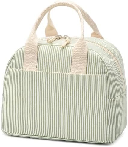 LOVELYWIND Lunch Box for Women, Insulated Lunch Bag, Green Stripe Tote