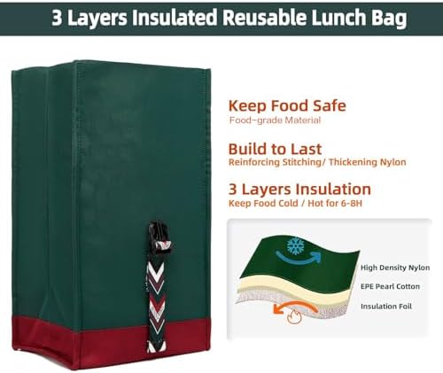 SUNNY BIRD Insulated Lunch Bag Rolltop Lunch Box (Green with Boho strap)