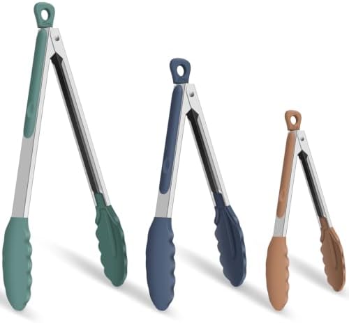 HOTEC Stainless Steel Kitchen Tongs with Silicone Tips, Set of 3-7",9" &12"