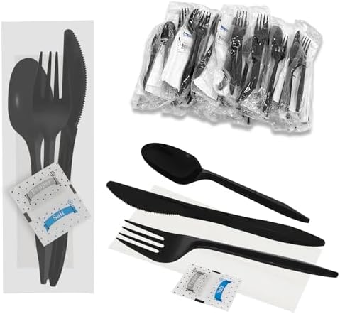 50Pack Plastic Cutlery Packets, Knife Fork Spoon Napkin Salt Pepper Sets, Individually Wrapped Black Plastic Cutlery Packets for Delivery, Cafeterias, Restaurants