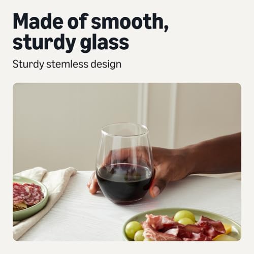 Amazon Basics Stemless Red Wine Glasses Set Of 4, 18 Oz Clear Glass, Classic Design for Everyday Dining, Weddings & Parties, Dishwasher-Safe