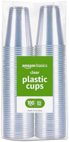 Amazon Basics Small Disposable Clear Plastic Cups, 9oz, 100 Count