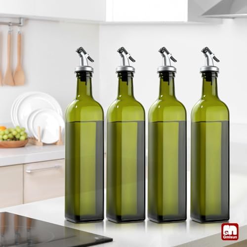 gmisun Olive Oil Dispenser Bottle for Kitchen, 4 Pack 17 Fl Oz Green Glass Oil Dispensers Bottles, Cooking Vegetable Oil Dispenser Container Cruet Set with Plastic Pourer Spout