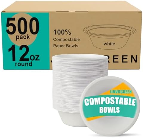 JINVOGREEN Paper Bowls, 500 Count 12 oz Compostable Paper Bowls Bulk, White