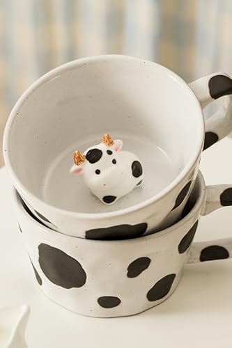 DIHOclub Farmhouse Ceramic Coffee Mug with Animal Figurine – Rustic Stoneware Cup, Matte Finish, Ideal for Breakfast & Home Decor (Black White Cow)