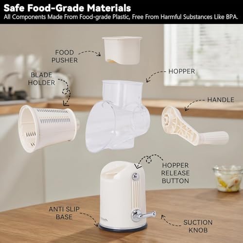 Rotary Cheese Grater with Handle, 5-Blade Cheese Shredder, BPA-Free (White)