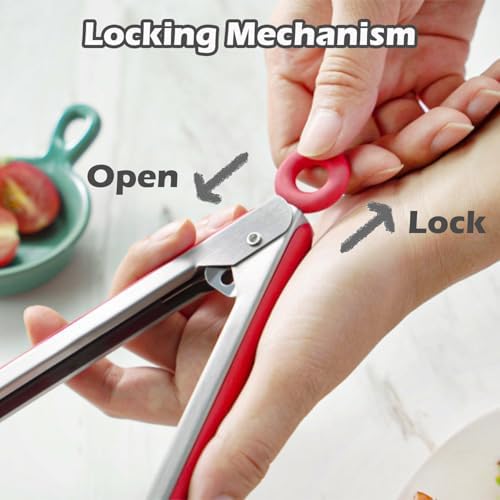 9" Kitchen Tongs for cooking with Silicone Tips, 3Pcs Serving Tongs, Red