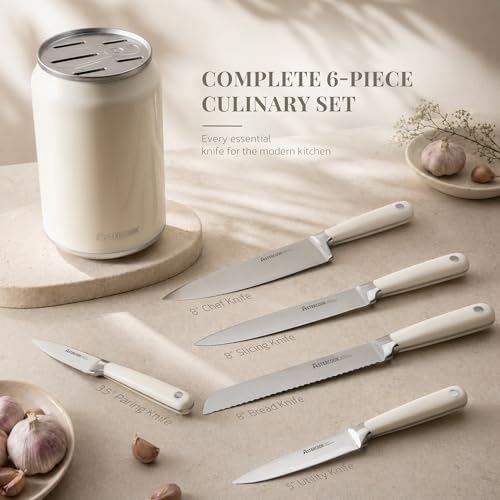 Astercook 6-Piece Kitchen Knife Set with Soda Can-Inspired Block, Full Tang High Carbon Stainless Steel Knives, Retro Cream Design & ABS Handles Knife Sets, Perfect Holiday Gifts for Kitchen