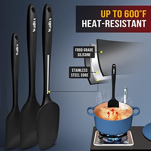 Walfos 600°F High Heat Resistant Silicone Spatula Set of 5- Food Grade Rubber Spatula Set for Baking Cooking & Mixing - BPA Free, Non Stick and Dishwasher Safe,black