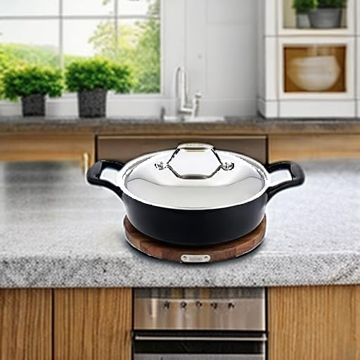 All-Clad Cast Iron Enameled Deep Skillet with Acacia Trivet 10 Inch Induction Oven Broiler Safe 650F Pots and Pans, Cookware Black