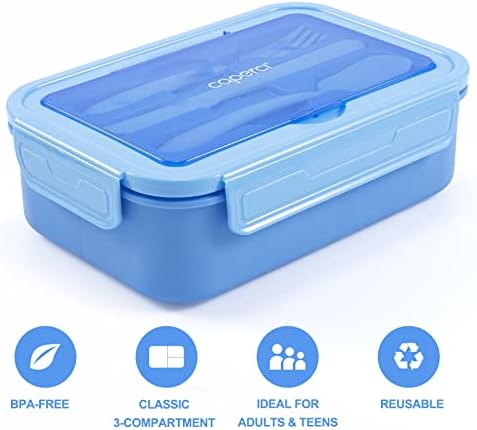 Caperci Classic Bento Lunch Box for Adult & Older Kids - Leakpoof 47 oz 3-Compartment Lunch Containers for Adults and Teens, Built-in Utensil Set, Ideal for On-the-Go, Blue