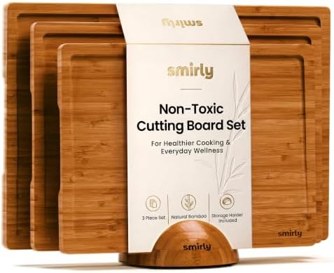 SMIRLY Cutting Board, Carbonized Bamboo Cutting Board Set of 3 with Stand