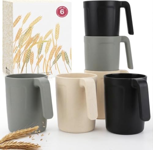 Wrova 16 OZ Coffee Mugs Set of 6, Wheat Straw Cups Alternative to Plastic Cups Reusable, Unbreakable Drink Cups for Kitchen,Party,Camping- Black & Gray