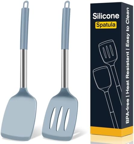 2 Pack Silicone Spatula Set, Solid & Slotted Turner for Non-Stick Pans, High Heat Resistant Silicone Spatula for Cooking, BPA-Free Stainless Steel Cooking Utensils for Fish, Eggs, Pancakes, Blue
