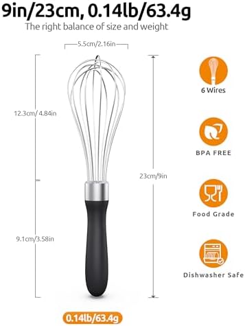 U-Taste Wire Whisk for Cooking, 18/10 Stainless Steel Balloon Wisk, S/Black