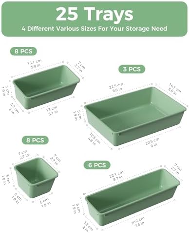BiuLeon 25 PCS Plastic Drawer Organizers Set, 4-Sizes Vanity and Makeup Organizer, Desk and bathroom Drawer Organizer Trays, Organizers and Storage for Makeup, Jewelry, Gadgets, Utensils (Green)