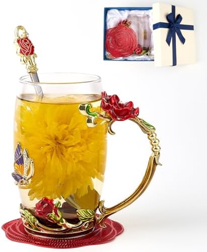Flower Tea Cup ,Butterfly Rose Clear Glass Fancy Coffee Mug with Spoon,Gift Box for Her Mom Wife Grandma Girls Friends Valentines Christmas Birthday Present Idea for Juice,Hot And Cold Drinks Use