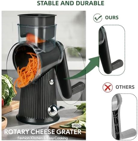 Rotary Cheese Grater with Handle - Vegetable Shredder with 5 Blades & Strong Suction Base, Round Slicer & Food Chopper for Kitchen (Black)