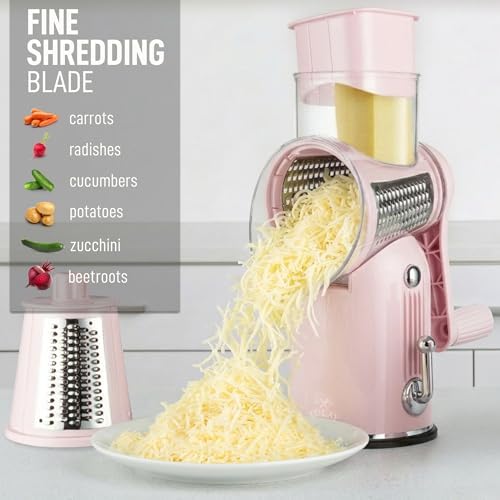Rotary Cheese Grater Manual Hand Crank 5 Blade Shredder, Classic Pink
