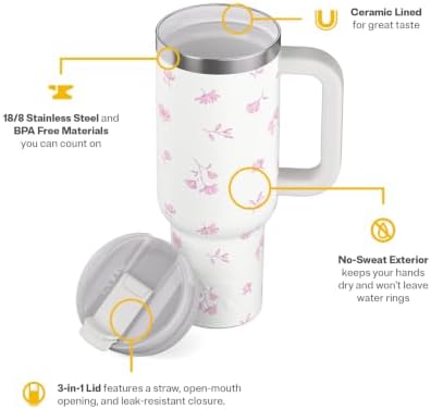 RTIC 40oz Road Trip Tumbler, Insulated, Ceramic Lined, Pink Magnolias