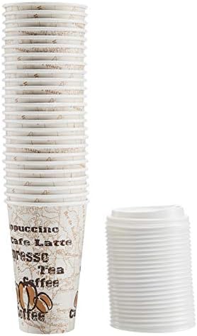 Amazon Basics Disposable Hot Paper Coffee Cups with Lids, To Go, Café Design, 16 oz, 100-Count