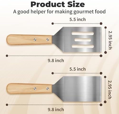 2PCS Stainless Steel Spatula,Wooden Handle Metal Spatula for Steak,Burgers