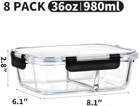 8 Pack 2 Compartment 36oz Borosilicate Glass Meal Prep Containers with Lids
