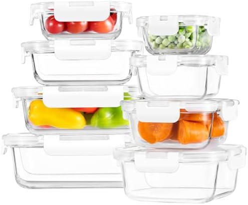 8 Pack Glass Food Storage Containers with Snap Locking Lids for Meal Prep