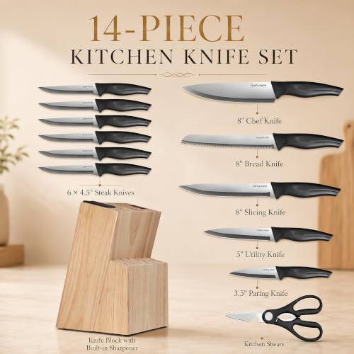 14 Pieces Kitchen Knife Set with Block, German Stainless Steel, BlackSilver