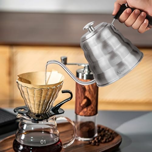 Tea Kettle For Stovetop,Gooseneck Pour Over Kettle,Thermometer,40oz,Silver