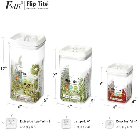 Felli Flip Tite Acrylic Food Storage Container with Lid 6” XL Air Tight Ring Seal Flip Lock, Plastic Kitchen Baking Canister for 5 lb Flour Sugar Rice Protein Powder Pantry Organizer (Nest-L)