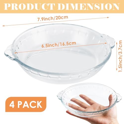 4 Set Glass Pie Pan with Handles, 7 Inch Glass Pie Plate for Baking, Round Glass Pie Dish for Baking Quiches, Tarts, Desserts & Salads, Oven & Freezer Safe Kitchen Accessories