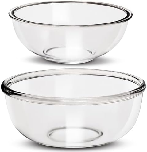 Large Borosilicate Glass Mixing Bowls, Set of 2 (6.4QT, 3.7QT) - Heavy-Duty, Stackable & Lead-Free. Oven, Microwave, Dishwasher & Freezer Safe. Ideal for Sourdough, Baking, Prepping, Serving.