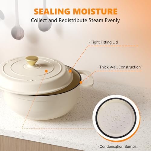 Bonnlo 6QT Round Dutch Oven, Enameled Cast Iron Dutch Oven Pot with Lid & Dual Handles, Oven Safe Up to 500° F, for Sourdough, Bread Baking, Stews and Roasting, White