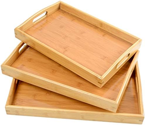 3 Pack Bamboo Serving Trays with Handles, Wooden Food Trays (Beige)