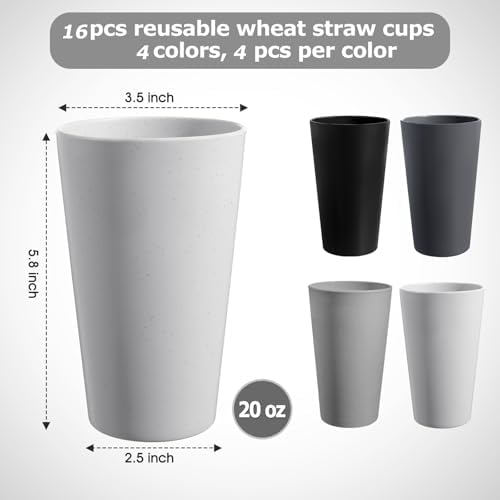 HEYCOME Set of 16 Wheat Straw Cups, 16 Pcs 20 oz Unbreakable Drinking Cups, Reusable Plastic Cups Sets, Water Glasses Tumblers, Microwave & Dishwasher Safe, Bpa Free, 4 Colors