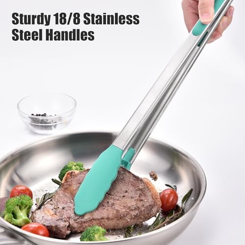 Doosu Kitchen Tongs with Silicone Tips for Cooking Serving (16in, Aqua Sky)