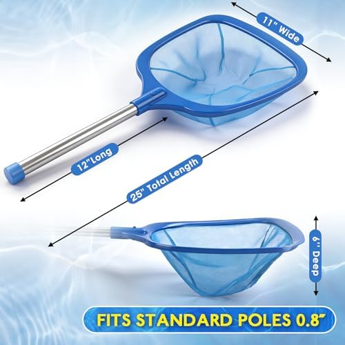 FEED GARDEN Hot Tub Pool Skimmer Spa Net with 12'' Aluminum Pole 11" x25" Blue Mesh, 6-Inch Deep for Small Above Ground Pools Pick Up Fine Debris Lightweight Leaf Net