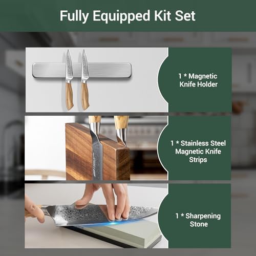 Magnetic Knife Block with Sharpening Stone and Stainless Steel Magnetic Knife Strip, Emojoy Double Side Magnetic Knife Holder, Acacia Wood Knife Block and Green Resin