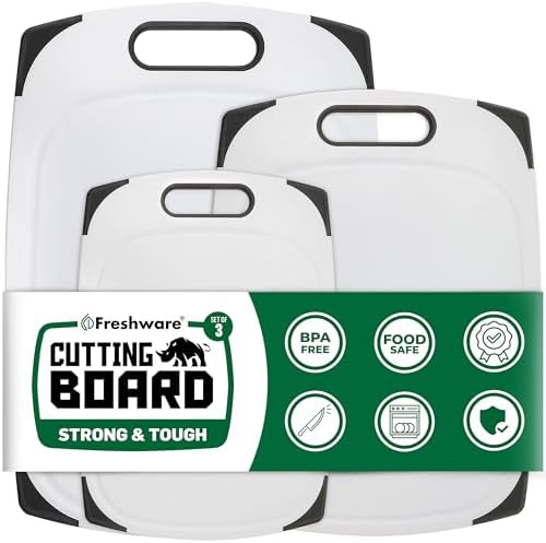 Plastic Cutting Boards for Kitchen, Cutting Board Set of 3, Juice Grooves with Easy Grip Handle, BPA-Free, Non-Porous, Dishwasher Safe, White